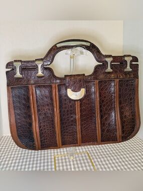 Mid Century Brown Croc Embossed Leather Handbag, Art Deco Style Handles